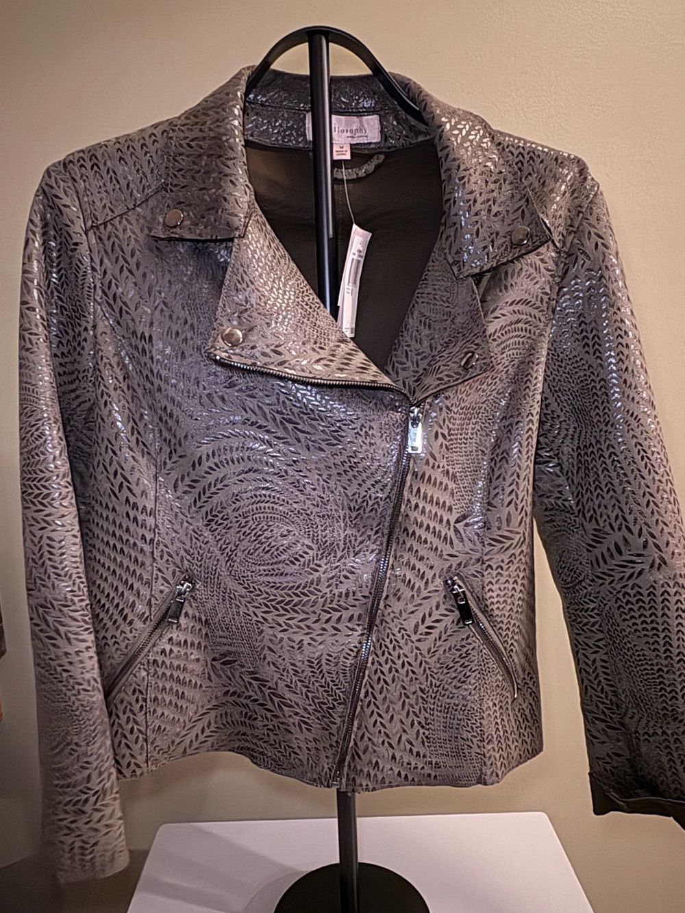 Philosophy Olive Green Pattern-Textured Leather Moto Jacket